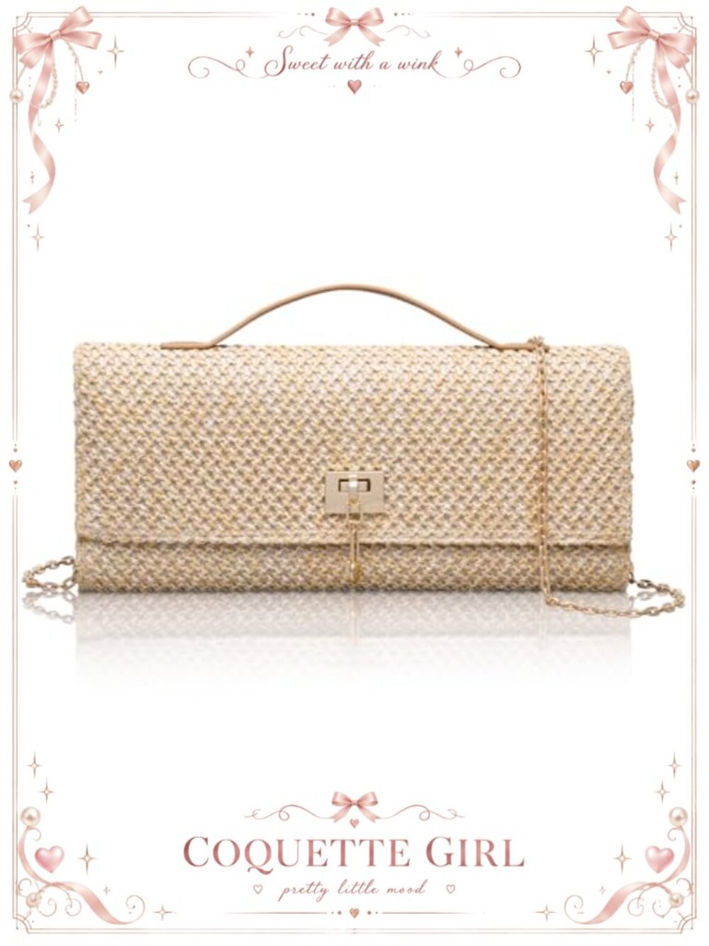 Straw Woven Clutch Crossbody Bag with Turn Lock and Chain Strap